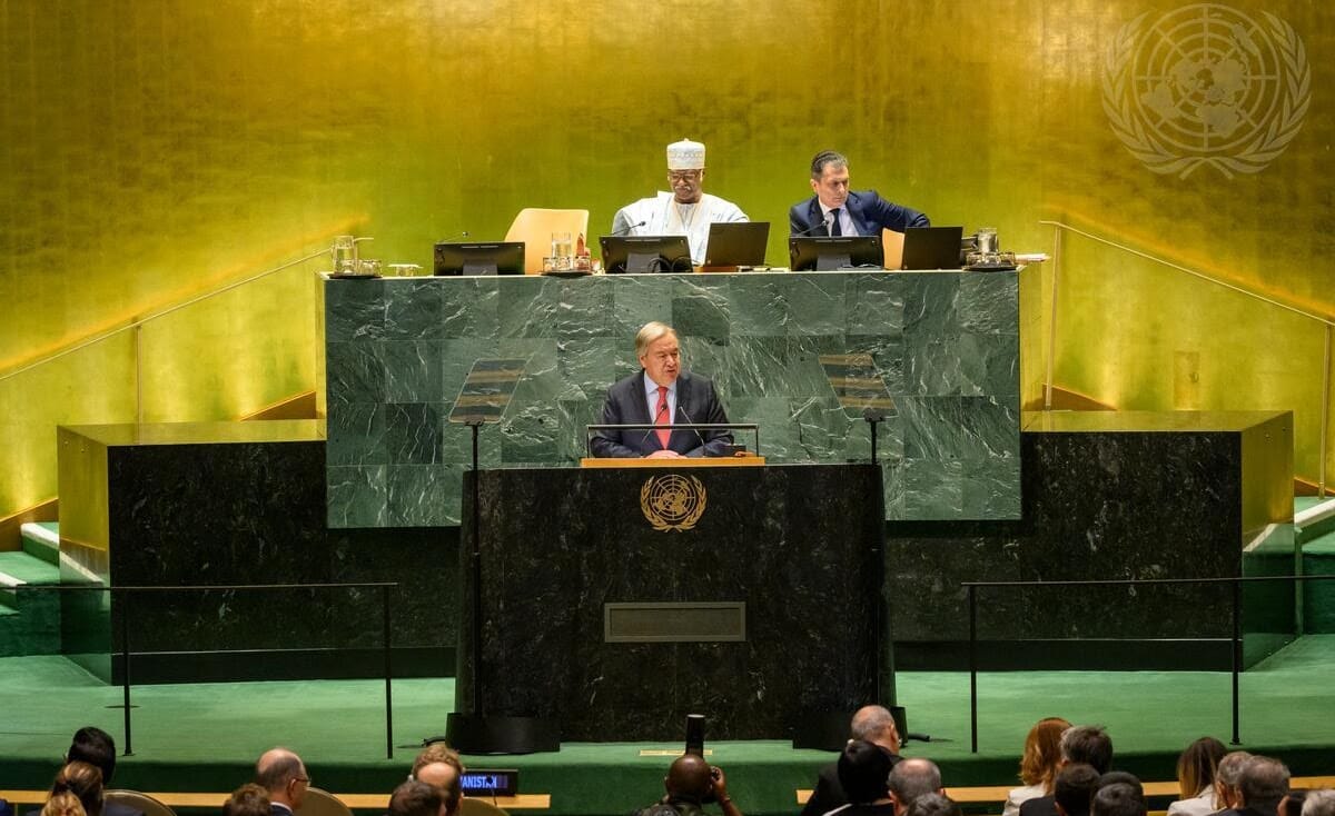 Secretary-General António Guterres (at podium) addresses the general debate of the General Assembly’s seventy-ninth session. “I stand before you in this whirlwind convinced of two overriding truths. First, the state of our world is unsustainable. We can’t go on like this. And second, the challenges we face are solvable […] The Summit of the Future was a first step, but we have a long way to go, “ said the Secretary-General, and urged world leaders to confront three major drivers of unsustainability: A world of impunity; A world of inequality; And a world of uncertainty. “ The Summit of the Future showed that with a spirit of dialogue and compromise, we can join forces to steer our world to a more sustainable path. […] The people of the world are looking to us – and succeeding generations will look back on us. Let them find us on the side of the United Nations Charter … on the side of our shared values and principles … and on the right side of history,” he concluded. The theme for the general debate of the 79th session of the General Assembly is "Leaving no one behind: acting together for the advancement of peace, sustainable development and human dignity for present and future generations".
